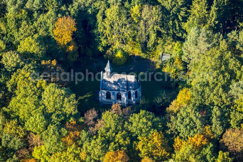 Aerial image Netphen - Churches building the chapel Kreuzkapelle Netphen on mountain Kreuzberg in Netphen in the state North Rhine-Westphalia