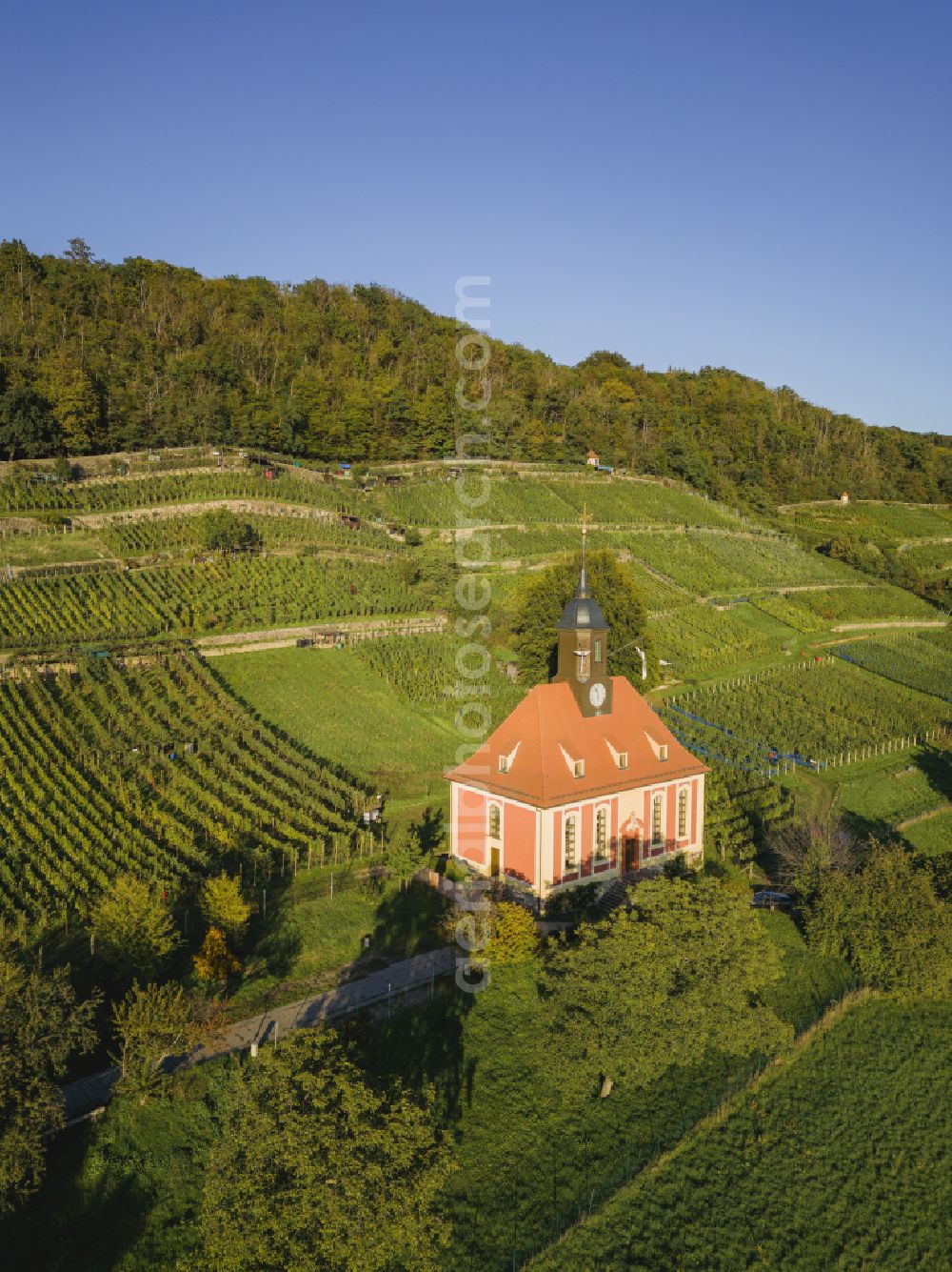 Aerial photograph Dresden - Churches building the chapel Weinbergkirche on street Bergweg in the district Pillnitz in Dresden in the state Saxony, Germany