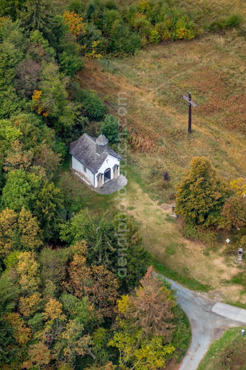 Aerial image Winterberg - Churches building the chapel on Kreuzbergweg in Winterberg in the state North Rhine-Westphalia, Germany