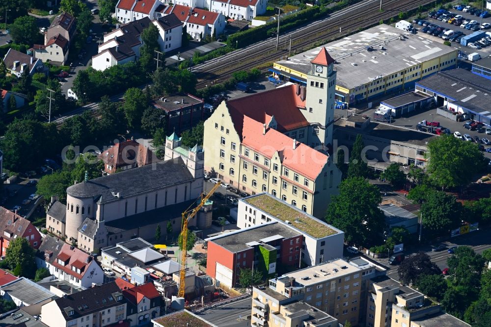 Nürnberg from above - Church building St. Karl Borromaeus in the district Moegeldorf in Nuremberg in the state Bavaria, Germany