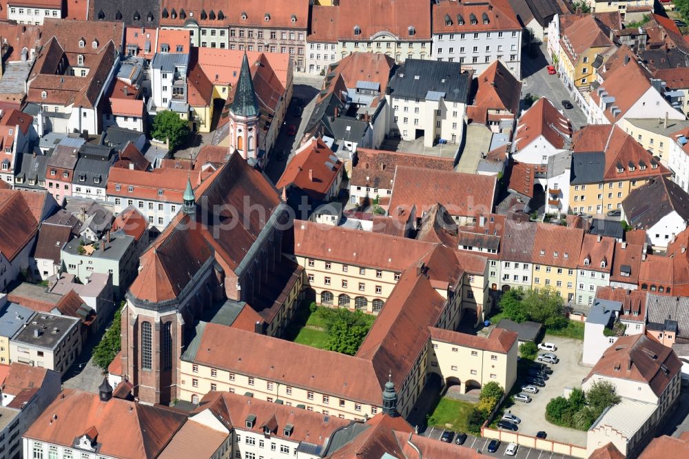 Straubing from above - Church building Karmelitenkirche on Albrechtsgasse in Straubing in the state Bavaria, Germany