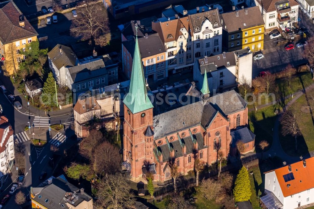 Aerial photograph Hagen - Church building of Kath. Kirchengemeinde St. Bonifatius Haspe in Hagen in the state North Rhine-Westphalia, Germany