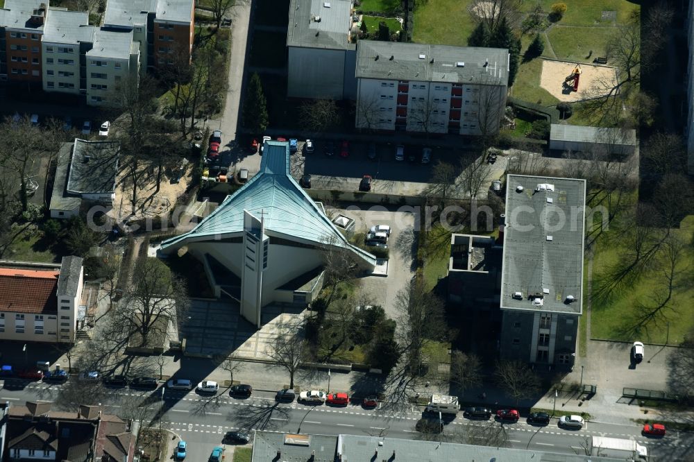 Berlin from above - Church building Kath. Kirchengemeinde Maria Frieden on Kaiserstrasse in Berlin in Germany