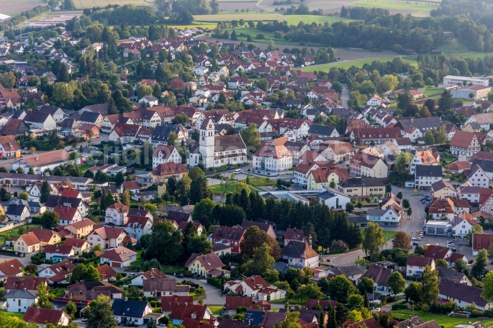 Aerial image Ostrach - Church building Roem-kath. Kirchengemeinde Ostrachtal in Ostrach in the state Baden-Wuerttemberg, Germany