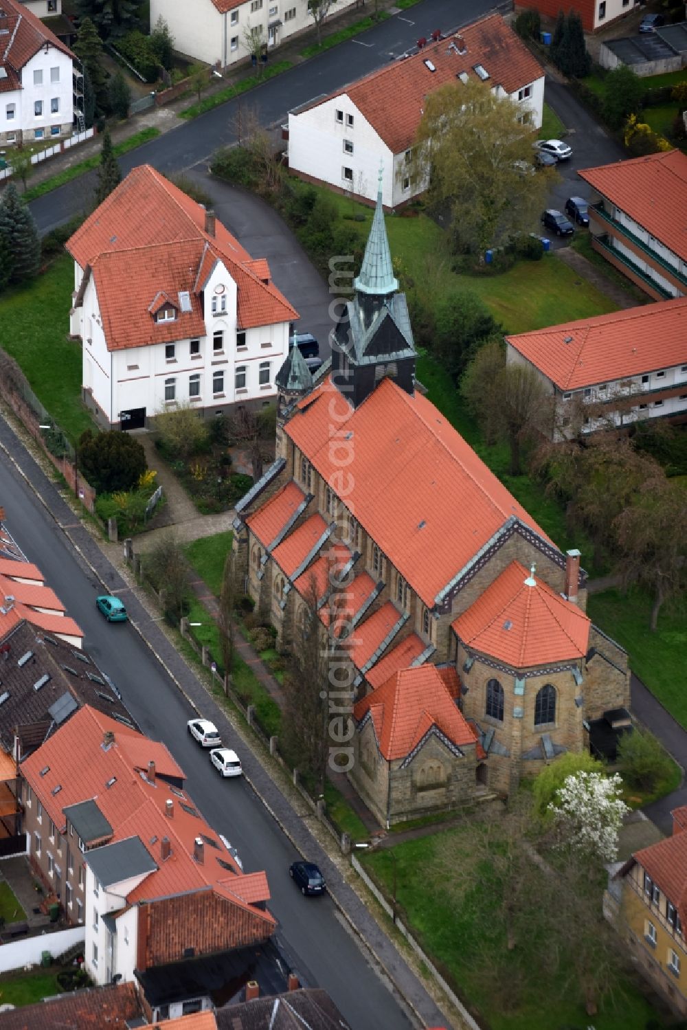 Aerial image Schöningen - Church building Kath. Pfarramt St. Marien in Schoeningen in the state Lower Saxony