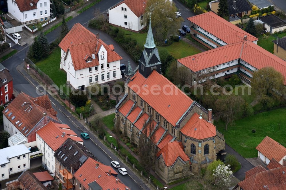 Schöningen from above - Church building Kath. Pfarramt St. Marien in Schoeningen in the state Lower Saxony