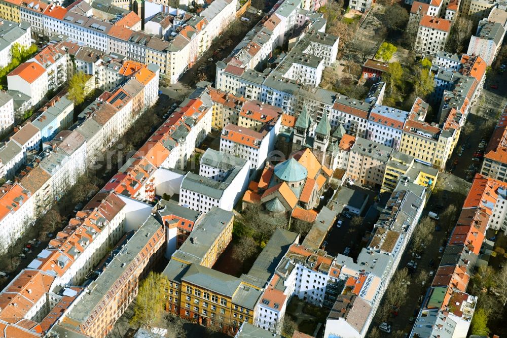 Berlin from above - Church building of the Kath. Pfarramt St. Marien (Liebfrauen) on Wrangelstrasse in Wrangelkiez in the Kreuzberg district of Berlin, Germany