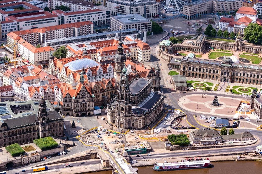 Dresden from above - Church building Katholische Hofkirche in Dresden in the state Saxony, Germany