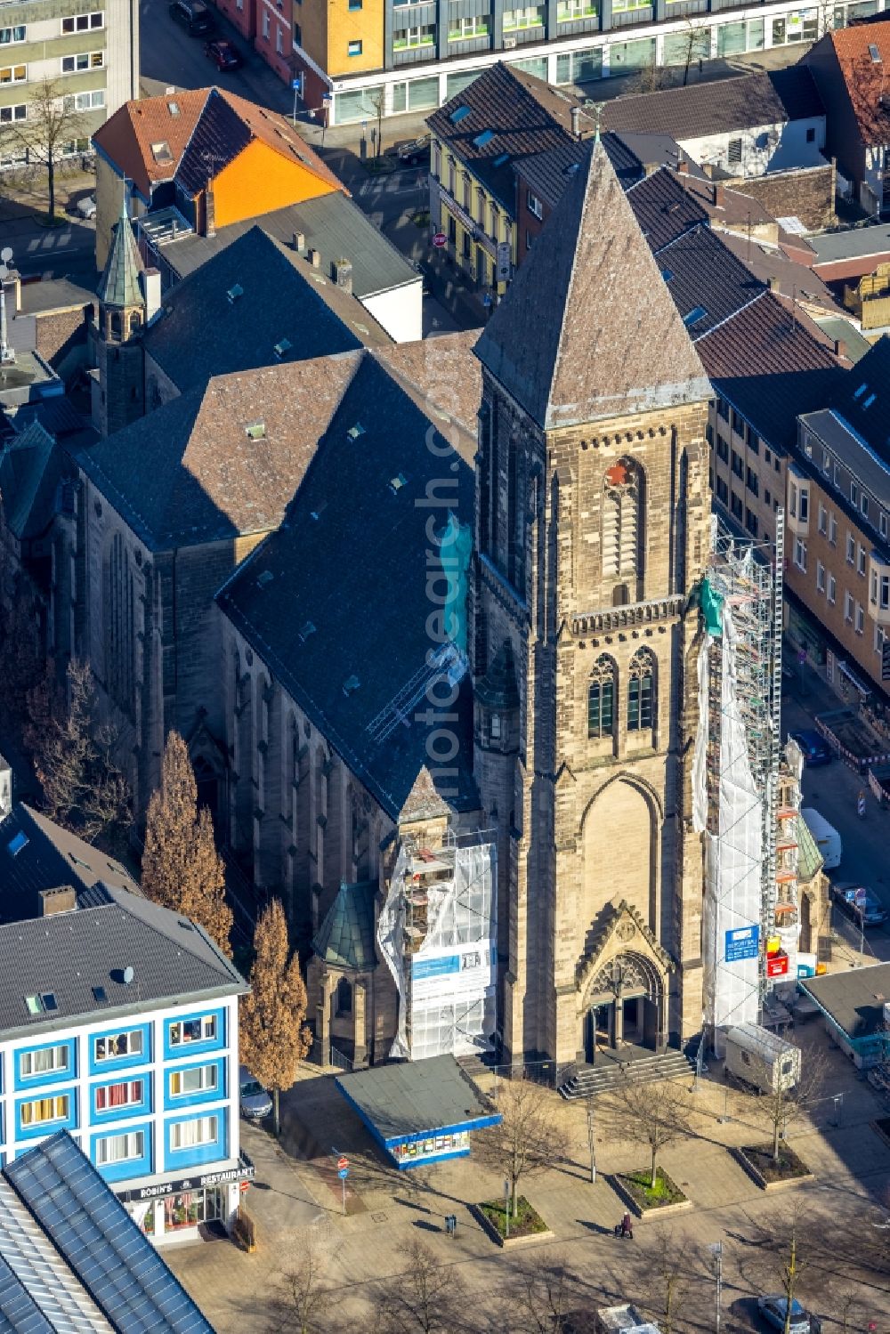 Oberhausen from above - Church building Katholische Kirche on Altmarkt in Oberhausen in the state North Rhine-Westphalia, Germany