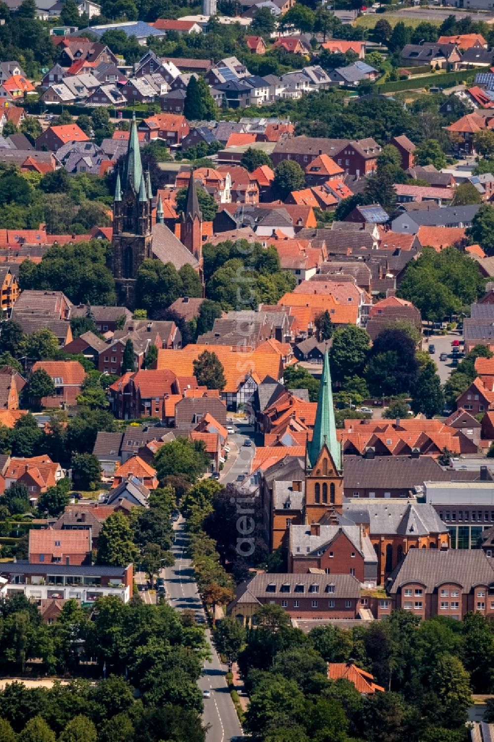 Sendenhorst from above - Church building Katholische Kirche St. Martin on Kirchstrasse in Sendenhorst in the state North Rhine-Westphalia, Germany