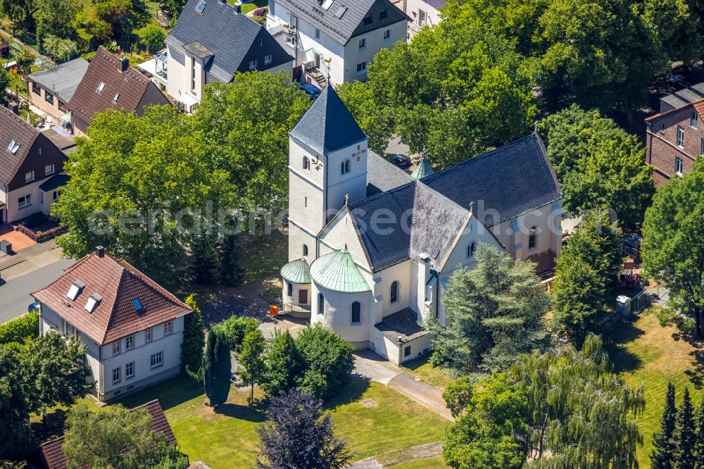 Castrop-Rauxel from above - Church building Katholische Kirche Hl. Schutzengel on street Hubertusstrasse in the district Frohlinde in Castrop-Rauxel at Ruhrgebiet in the state North Rhine-Westphalia, Germany