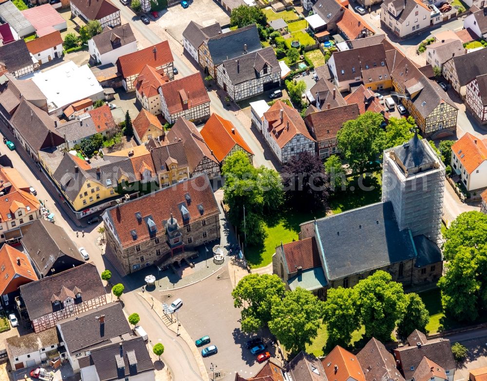 Aerial photograph Volkmarsen - Church building of Katholische Pfarrgemeinde St. Marien in Volkmarsen in the state Hesse, Germany