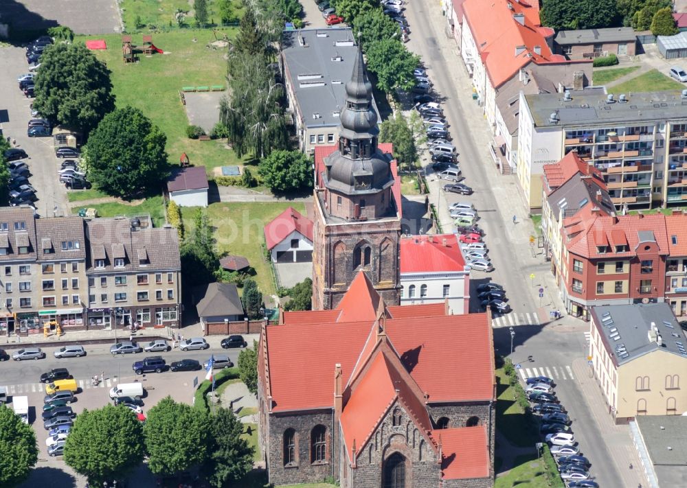 Gryfino from above - Church building katholische Pfarrkirche Mariae Geburt in Gryfino in West Pomerania, Poland