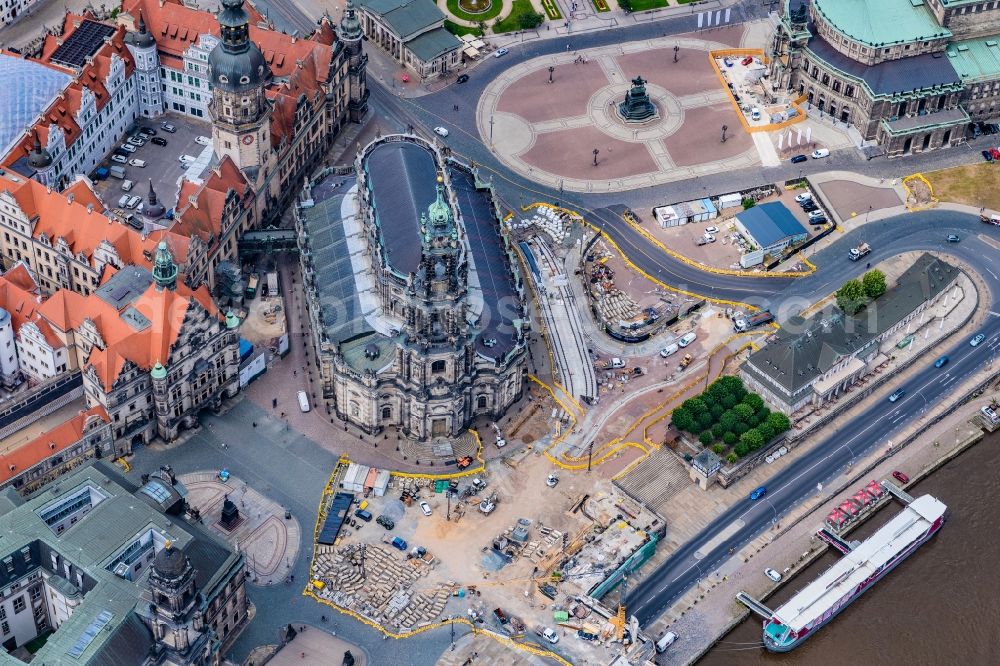 Dresden from the bird's eye view: Church building in of Katholischen Hofkirche Old Town- center of downtown in Dresden in the state Saxony, Germany