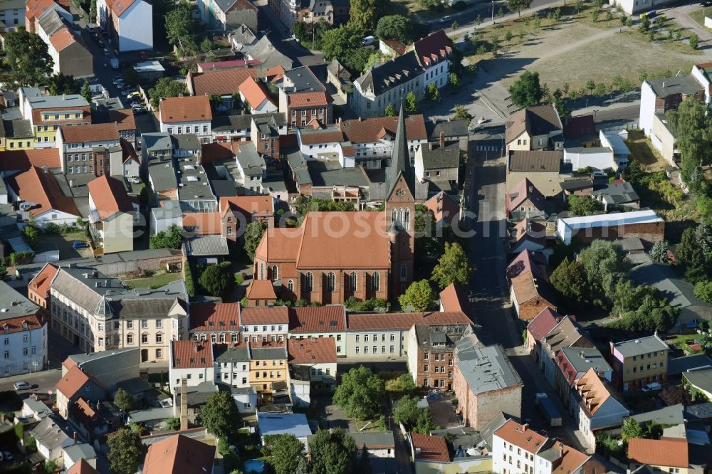 Aerial image Burg - Church building of the Catholic Church Burg in Burg in the state Saxony-Anhalt