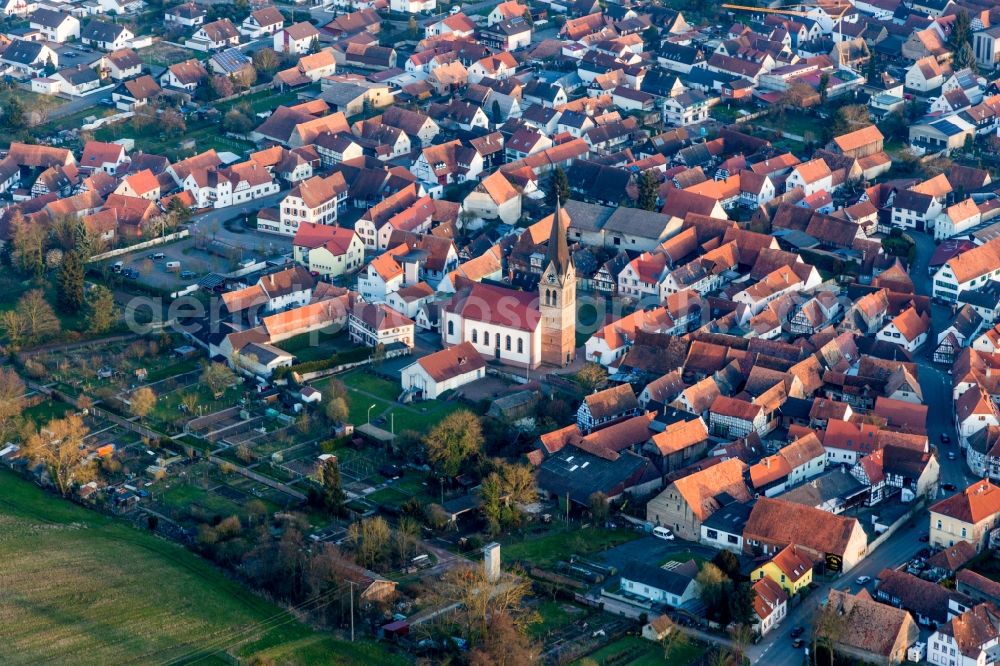 Steinweiler from above - Catholic Church building in the village of in Steinweiler in the state Rhineland-Palatinate, Germany