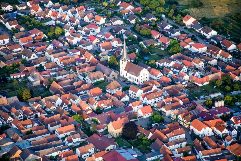 Venningen from above - Church building of catholic church St.Georg in Venningen in the state Rhineland-Palatinate, Germany