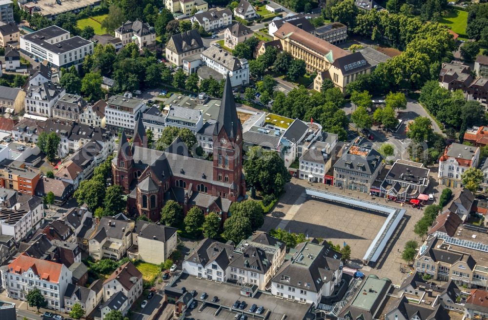 Neheim from above - Church building of the Catholic parish church of St. John Baptist, also called Sauerland Cathedral, in Neheim in the state of North Rhine-Westphalia, Germany