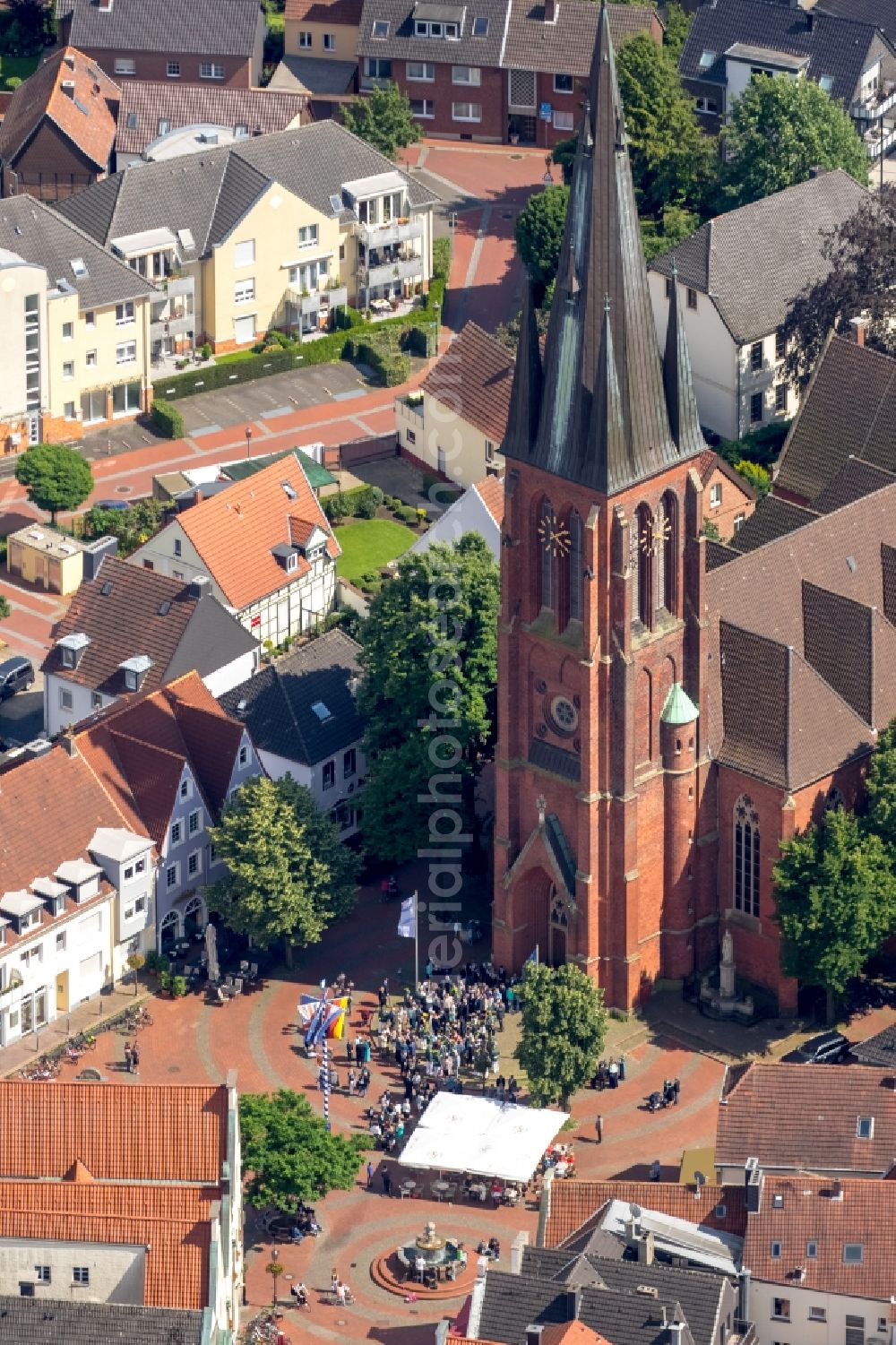 Haltern am See from above - Church building of St. Sixtus church on the market square in Haltern am See in the state of North Rhine-Westphalia