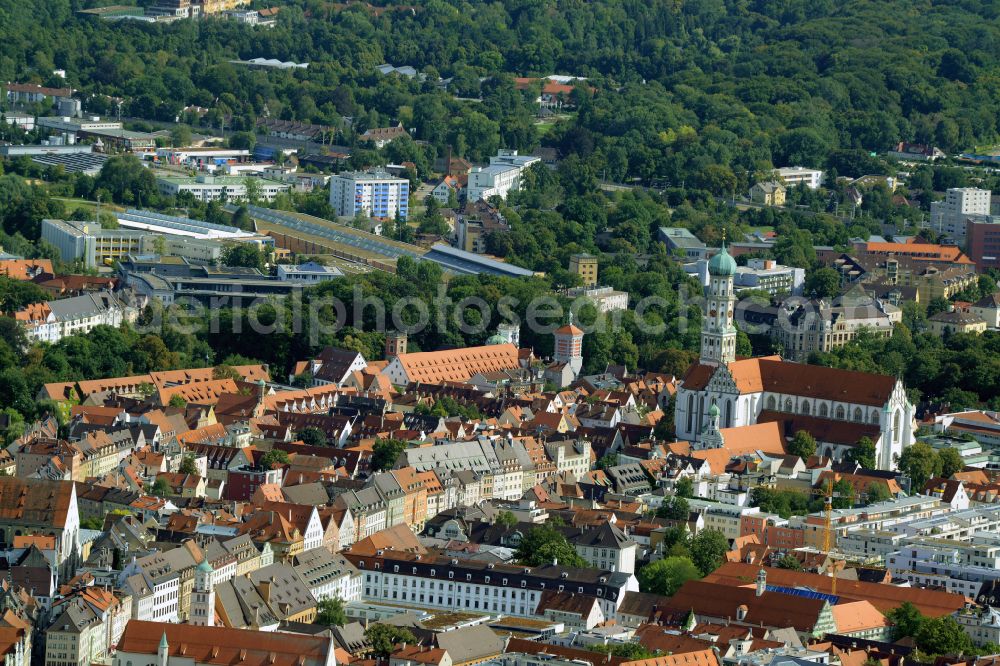 Augsburg from above - Church building of Saint Ulrich and Afra in the Southern Old Town- center of Augsburg in the state of Bavaria