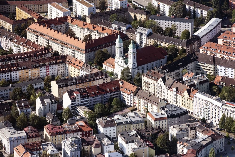 München from above - Church building Kath.Pfarramt St.Franziskus in Munich in the state Bavaria, Germany