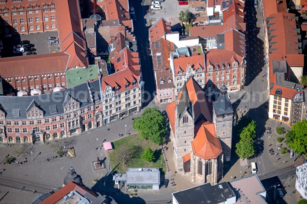 Erfurt from above - church building in Kaufmannskirche Old Town- center of downtown in the district Altstadt in Erfurt in the state Thuringia, Germany