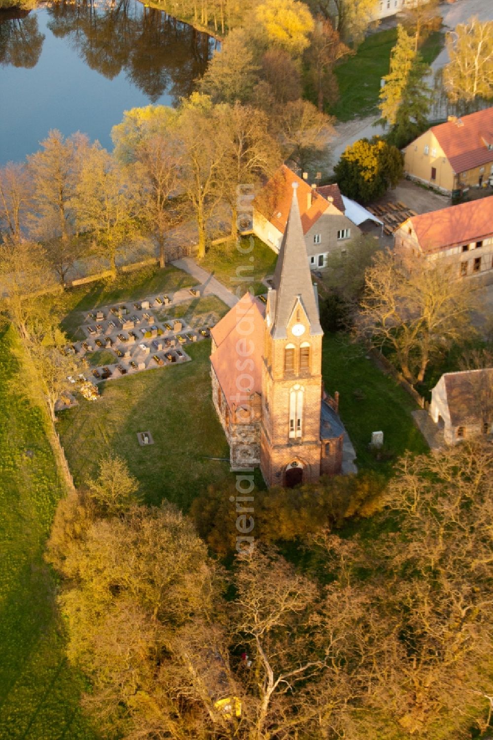 Niederer Fläming from above - Church building in the village of in the district Borgisdorf in Niederer Flaeming in the state Brandenburg