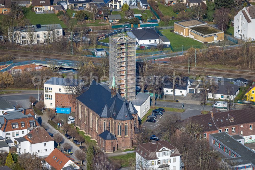 Unna from above - Church building Herz Jesu on street Gabelsbergerstrasse in the district Alte Heide in Unna at Ruhrgebiet in the state North Rhine-Westphalia, Germany