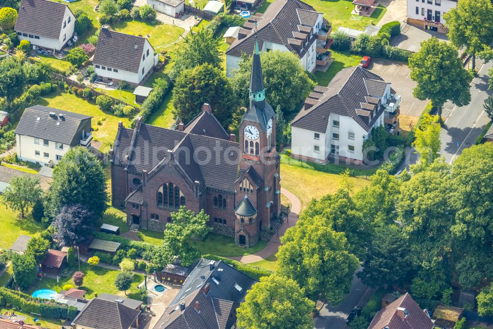 Dortmund from above - Church building Ev. Kirche Husen-Kurl on street Denkmalstrasse in the district Husen-Sued in Dortmund at Ruhrgebiet in the state North Rhine-Westphalia, Germany