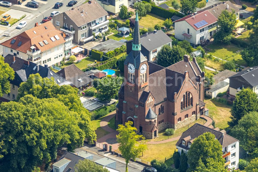 Aerial image Dortmund - Church building Ev. Kirche Husen-Kurl on street Denkmalstrasse in the district Husen-Sued in Dortmund at Ruhrgebiet in the state North Rhine-Westphalia, Germany