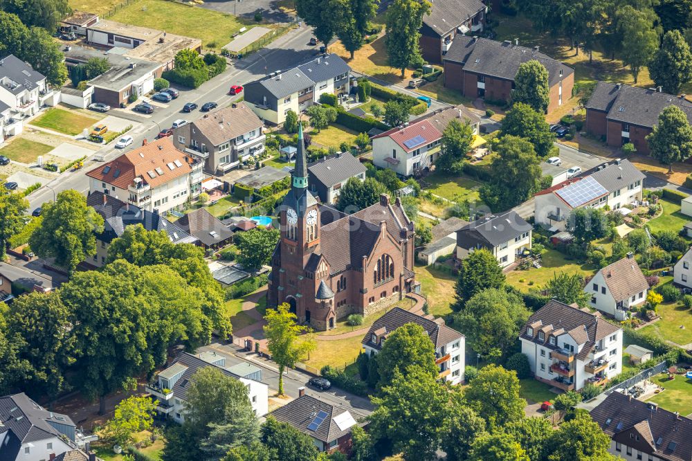 Aerial photograph Dortmund - Church building Ev. Kirche Husen-Kurl on street Denkmalstrasse in the district Husen-Sued in Dortmund at Ruhrgebiet in the state North Rhine-Westphalia, Germany