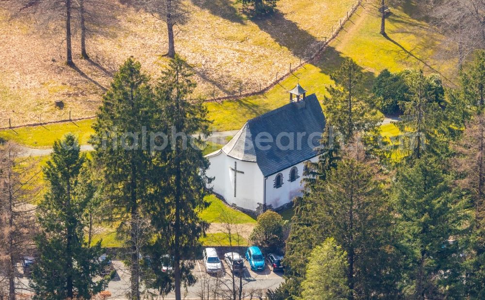 Aerial image Schmallenberg - Church building of Kirche in Jagdhaus Wiese on Jagdhauser Strasse in Schmallenberg in the state North Rhine-Westphalia, Germany