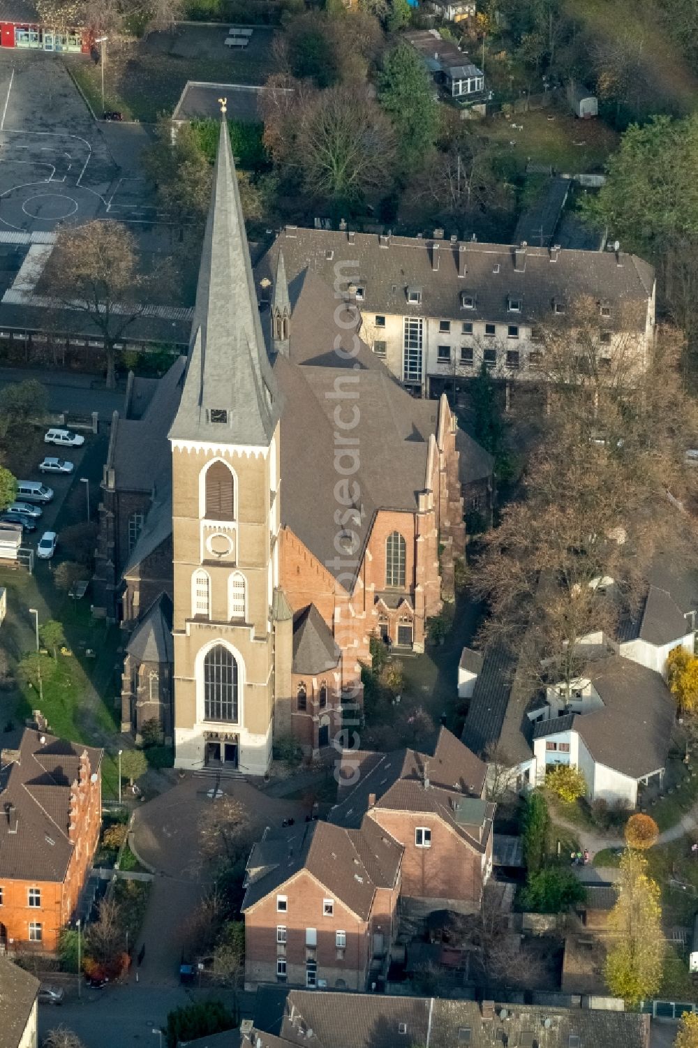 Duisburg from above - Church building Kirche St. Peter in the district Marxloh in Duisburg in the state North Rhine-Westphalia