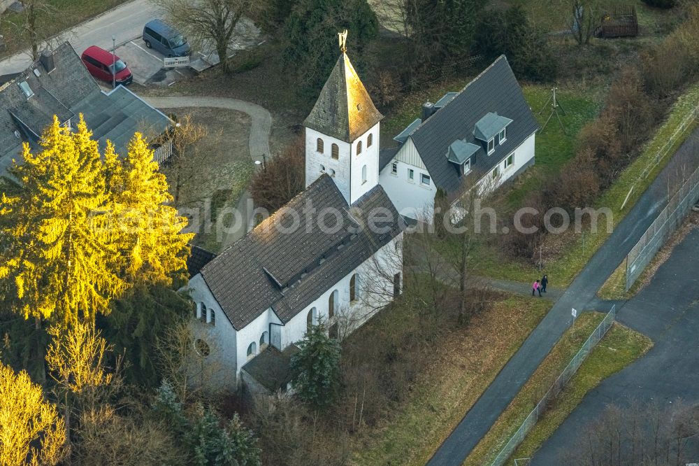 Aerial image Dorlar - Church building Ev. Kirche St. Petri Dorlar on street Pfarrer-Birker-Strasse in Dorlar at Sauerland in the state North Rhine-Westphalia, Germany