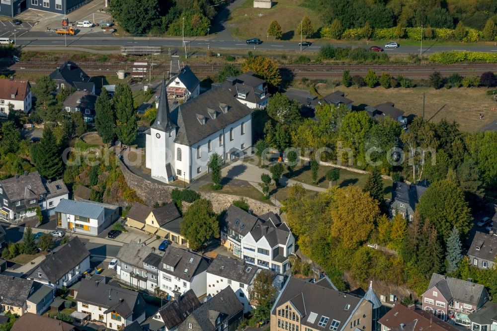 Aerial photograph Burbach - Church building Kirche on Roemer in Burbach in the state North Rhine-Westphalia, Germany