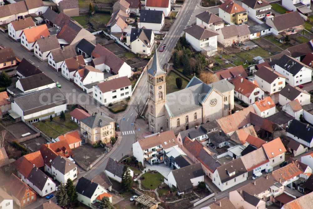 Aerial image Karlsdorf-Neuthard - Church building of St. Sebastian in the village of in Karlsdorf-Neuthard in the state Baden-Wuerttemberg