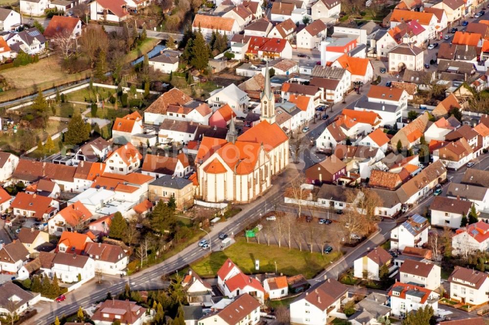 Karlsdorf-Neuthard from above - Church building in the village of in Karlsdorf-Neuthard in the state Baden-Wuerttemberg, Germany