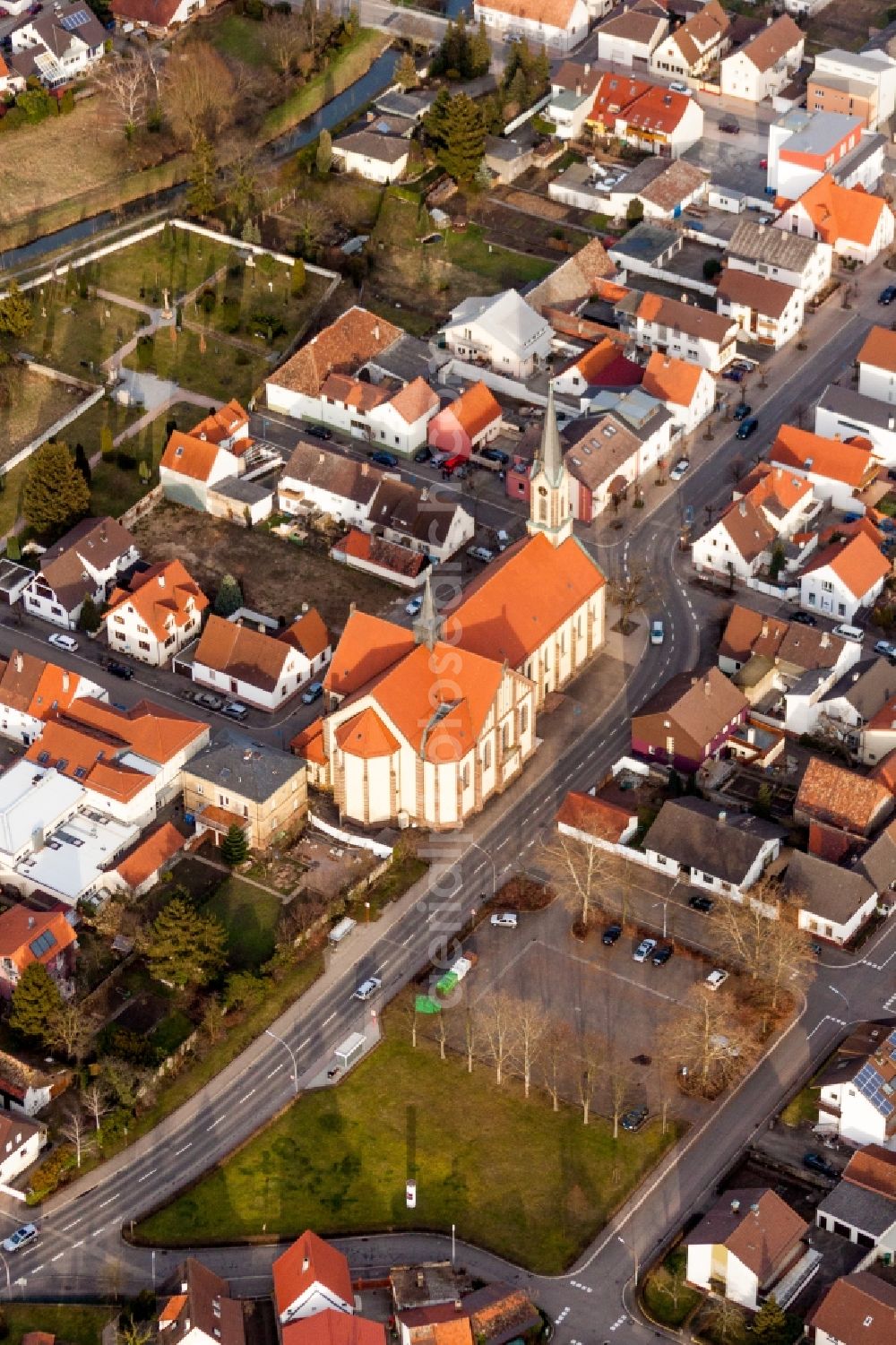 Karlsdorf-Neuthard from the bird's eye view: Church building in the village of in Karlsdorf-Neuthard in the state Baden-Wuerttemberg, Germany