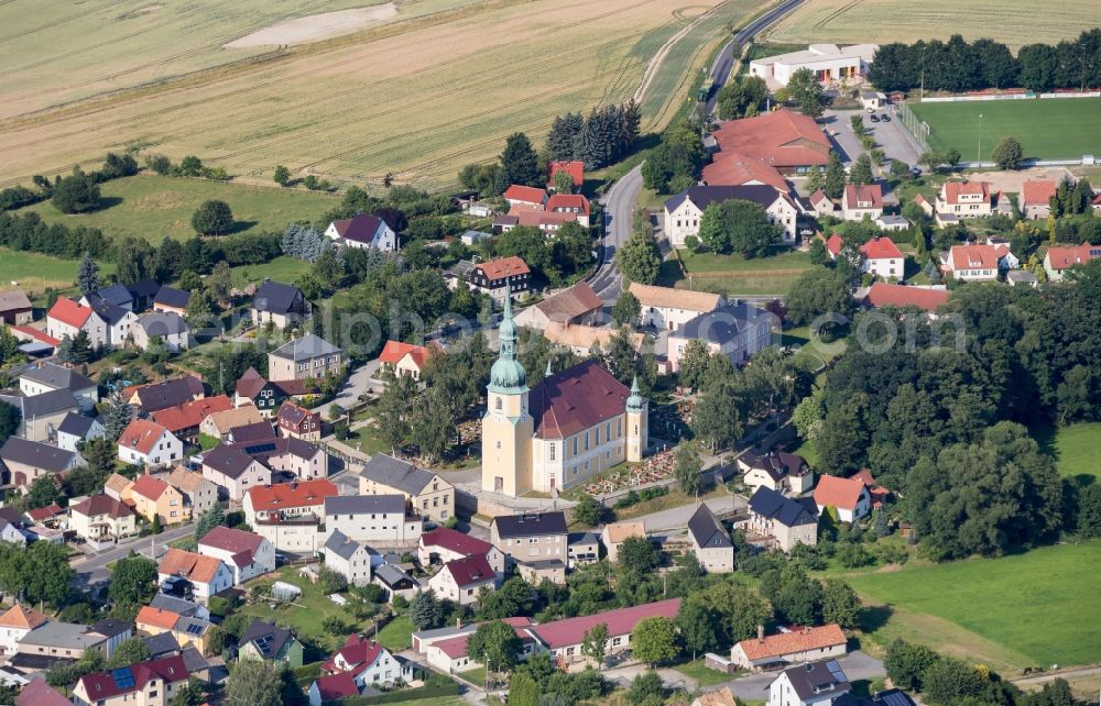 Aerial image Crostwitz - Church building in Kirche St. Simon and Juda , Crostwitz Old Town- center of downtown in Crostwitz in the state Saxony, Germany