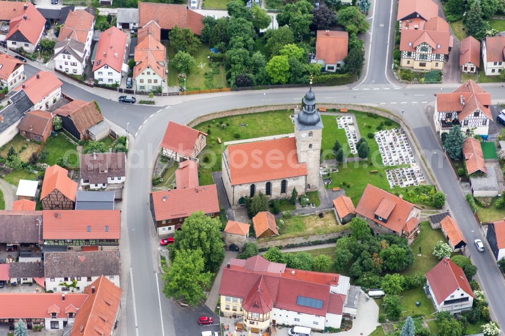 Aerial photograph Obermaßfeld-Grimmenthal - Church building in of Kirchenburg Obermassfeld Old Town- center of downtown in the district Obermassfeld in Obermassfeld-Grimmenthal in the state Thuringia, Germany