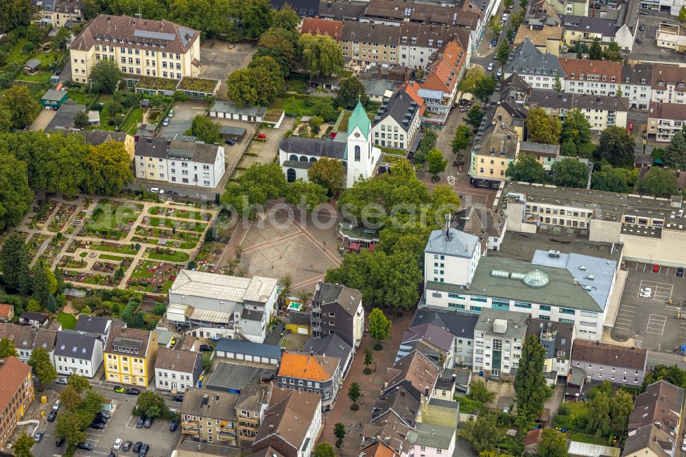 Aerial image Hombruch - Church building Ev. Kirchengemeinde Dortmund-Suedwest - Kirche on Markt on street Harkortstrasse in Hombruch at Ruhrgebiet in the state North Rhine-Westphalia, Germany