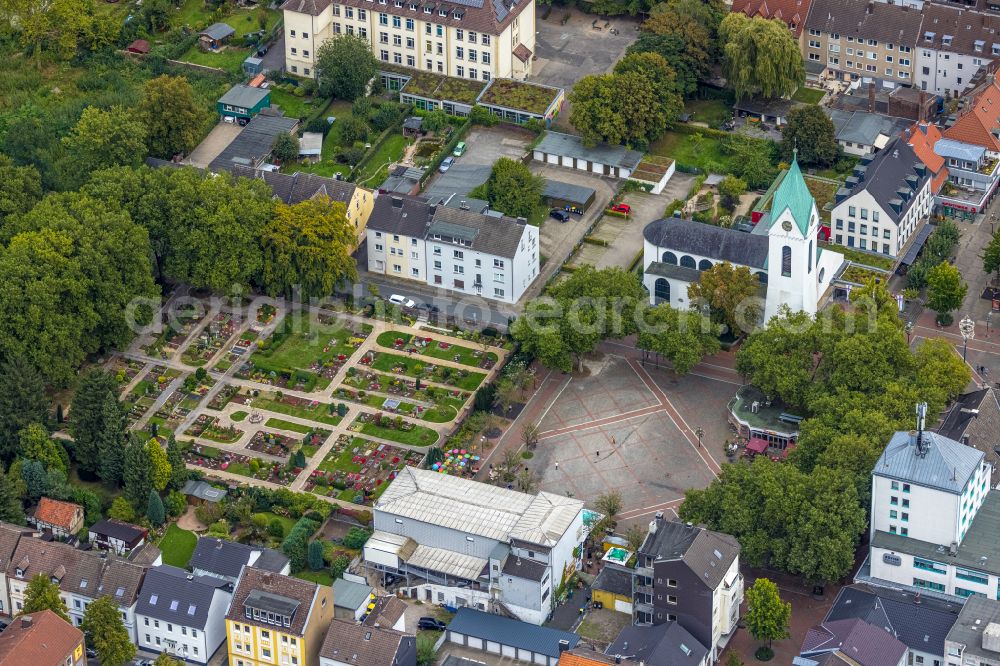 Aerial photograph Hombruch - Church building Ev. Kirchengemeinde Dortmund-Suedwest - Kirche on Markt on street Harkortstrasse in Hombruch at Ruhrgebiet in the state North Rhine-Westphalia, Germany