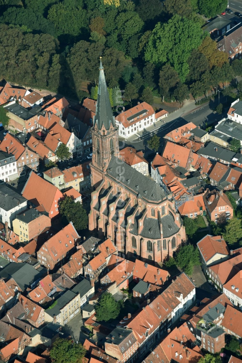 Lüneburg from above - Church building Kirchengemeinde St. Nicolai in Lueneburg in the state Lower Saxony