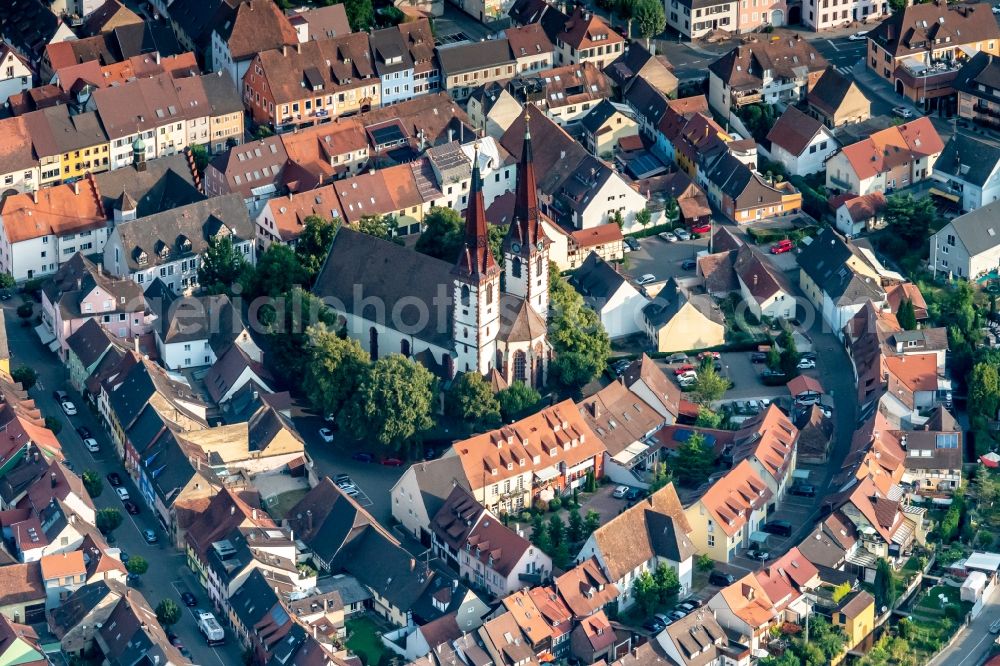 Aerial image Kenzingen - Church building in on Kirchplatz Old Town- center of downtown in Kenzingen in the state Baden-Wurttemberg, Germany