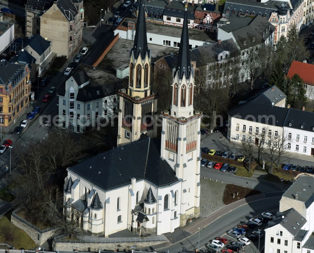 Aerial image Oelsnitz/Vogtl. - Church building on Kirchplatz Old Town- center of downtown in Oelsnitz/Vogtl. in the state Saxony