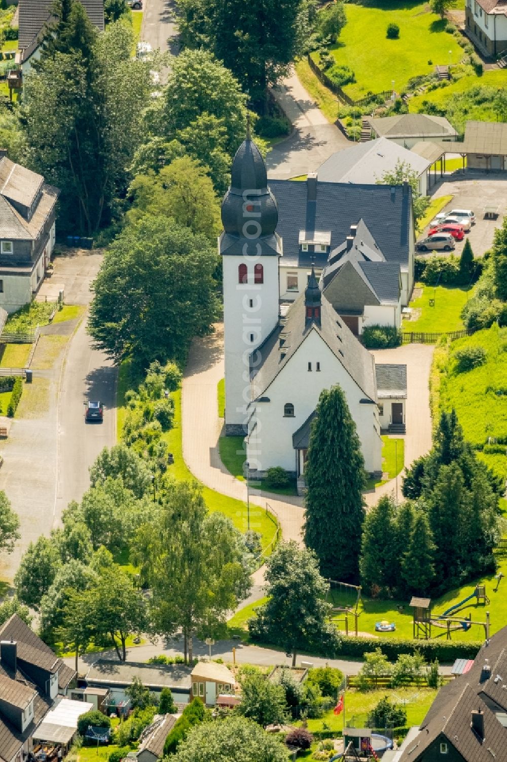 Aerial image Brilon-Wald - Church building on Kirchweg in Brilon-Wald in the state North Rhine-Westphalia, Germany