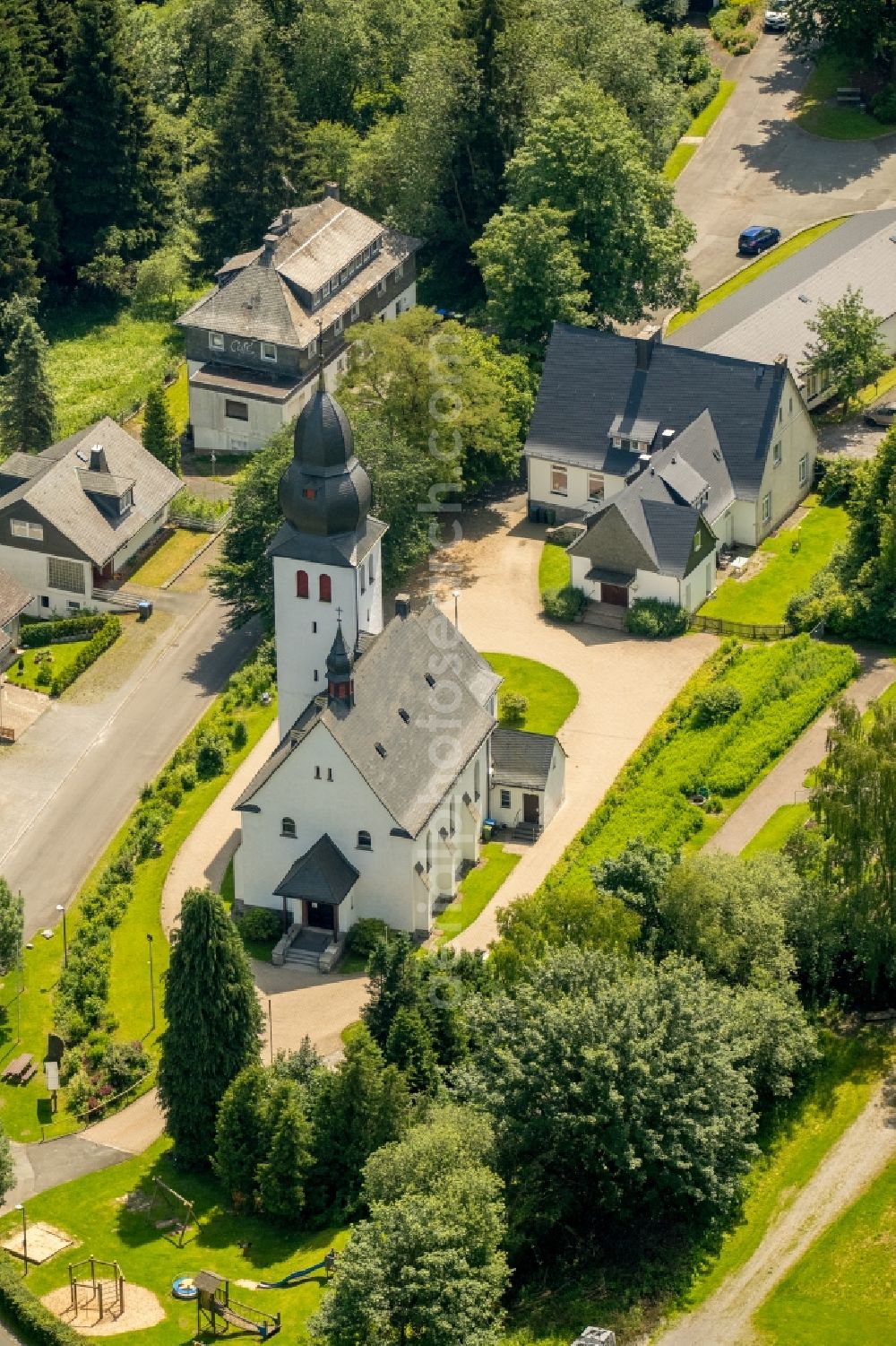 Brilon-Wald from above - Church building on Kirchweg in Brilon-Wald in the state North Rhine-Westphalia, Germany