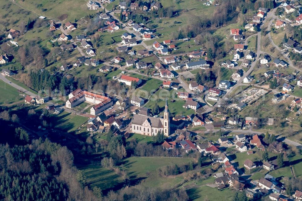 Aerial image Ettenheim - Church building Klosterkirche Ettenheimmuenster and Ort in Ettenheim in the state Baden-Wuerttemberg, Germany