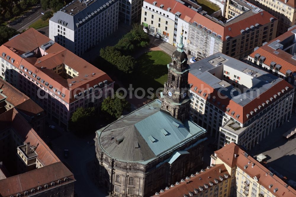 Aerial photograph Dresden - Church building Kreuzkirche Dresden An der Kreuzkirche in Dresden in the state Saxony