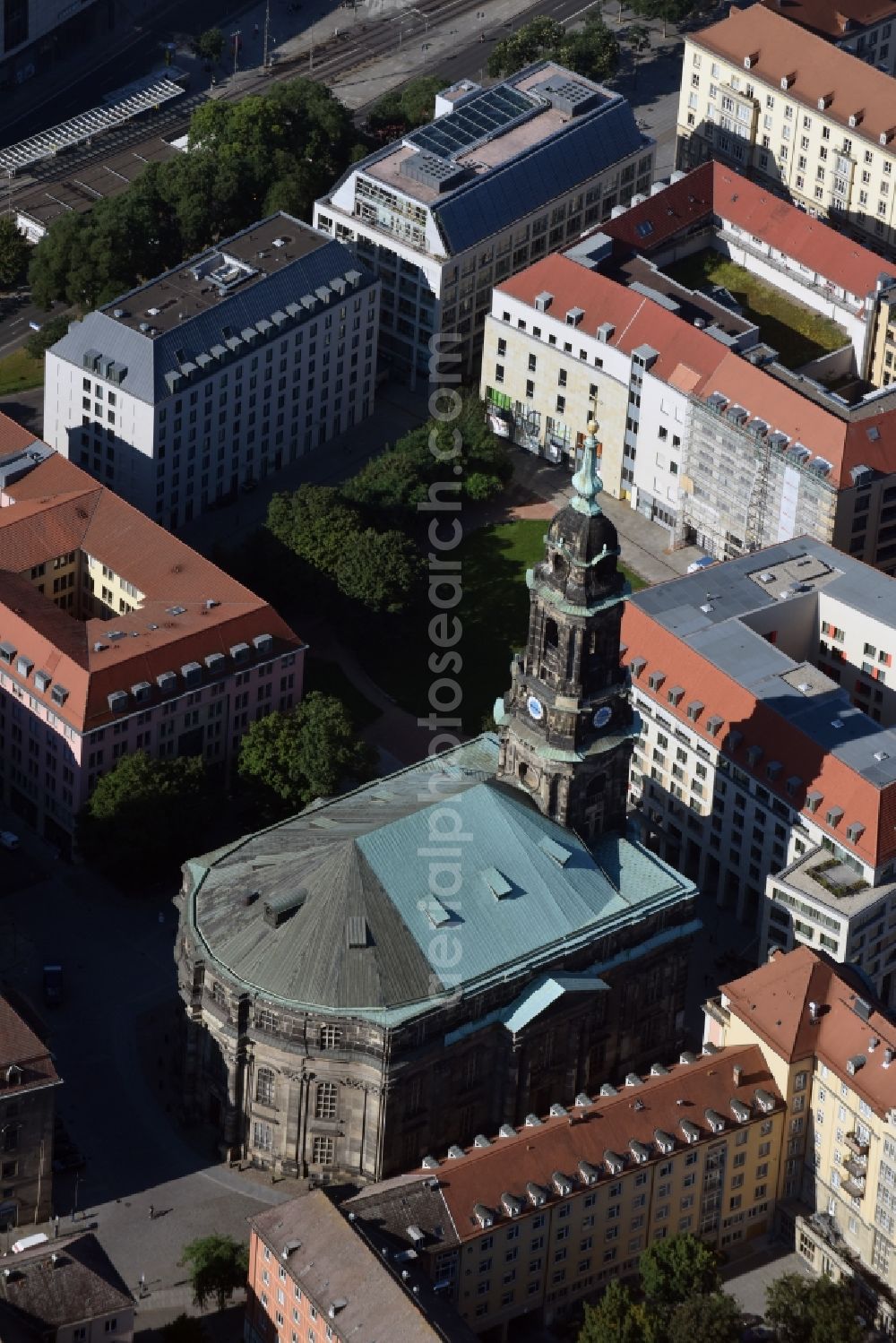 Dresden from above - Church building Kreuzkirche Dresden An der Kreuzkirche in Dresden in the state Saxony